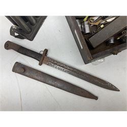 Austrian bayonet with OE over WG mark, together with quantity of vintage tools in wood case, bayonet L40cm overall