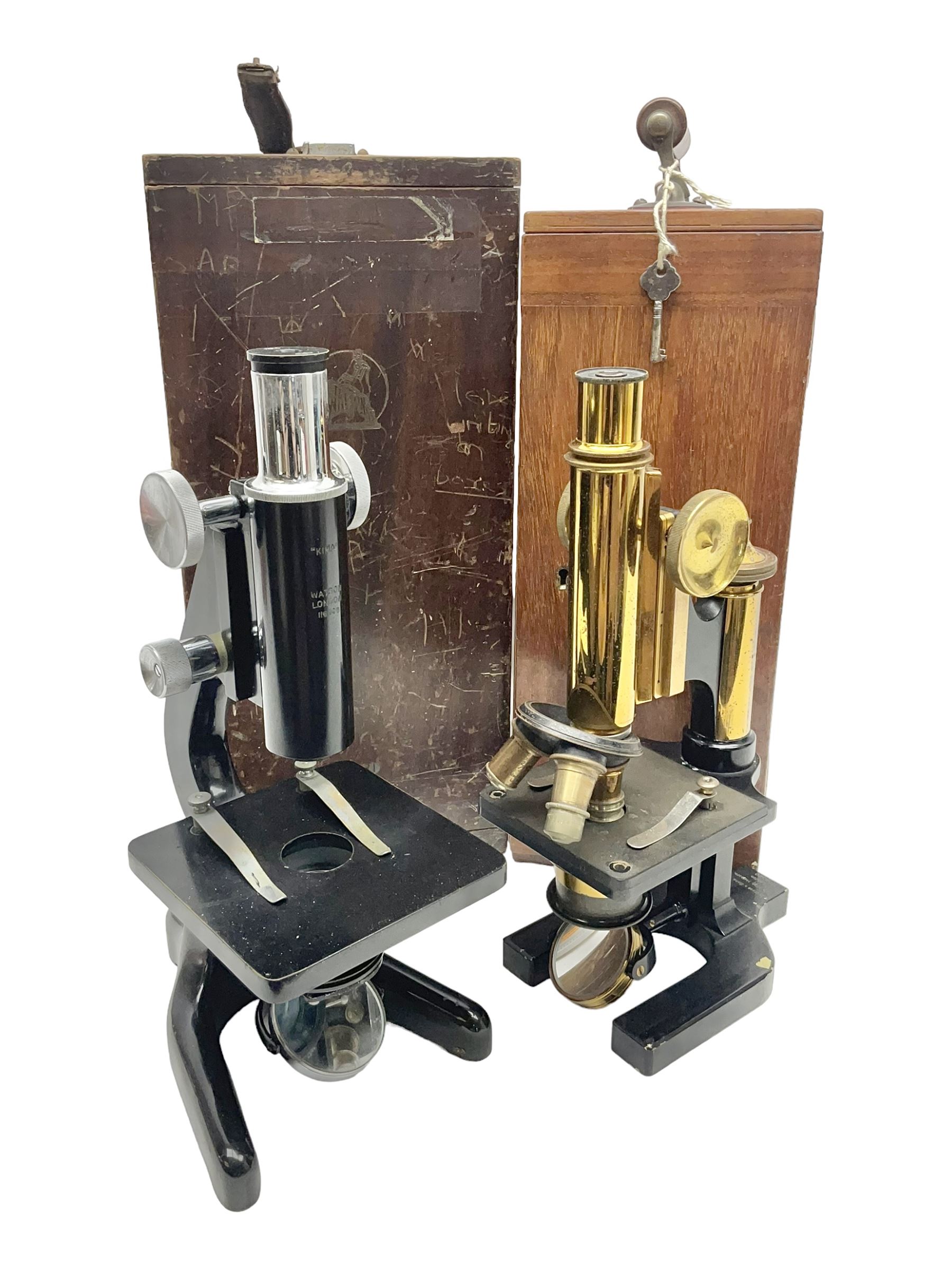 20th century W. Watson & Sons Kima microscope no. 118396 in original oak box, together with W. Watson & Sons Praxis microscope no. 18360, in original box  