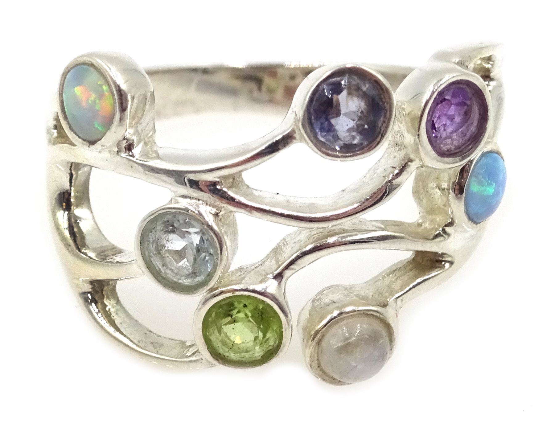 Silver multi-gem set ring, including amethyst, peridot, opal and moonstone, stamped 925