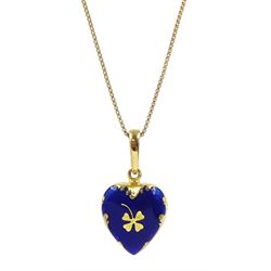 Victor Mayer for Faberge 18ct gold blue enamel heart shaped pendant, with applied gold four leaf clover decoration, limited edition No. 722/1000, on silver-gilt chain necklace, boxed