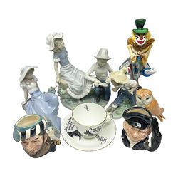 Three Nao figures, including Boy Bandaging Girls Foot no 448 together with a Beswick barn owl, Murano glass clown, two small Royal Doulton character jugs to include Lobsterman and The Falconer and a Sunderland teacup and saucer