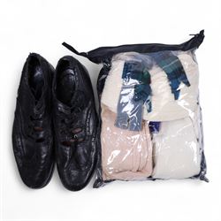 Piping regalia, comprising Armstrong tartan kilt with two kilt pins, three sporrans, including fur example, two jackets, Glengarry hat, other hats, collection of shirts, socks, ties, Hecsan shoes, dirk and belt