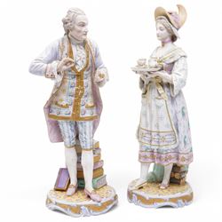 Pair of French bisque figures, possibly by Vion & Baury, modelled as a scholar and a lady carrying a tea, both with green anchor marks to base, H41cm