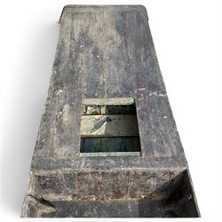 Large early 20th century plank-built wooden river punt, the long tapering hull with enclosed fore and aft decks, open green-painted ribbed interior, together with two paddles
