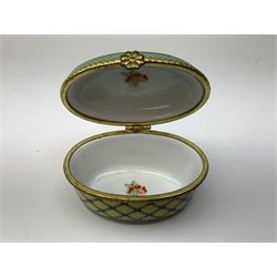 Late 19th Century pot lid bearing ‘The Residence of Anne Hathaway, Shakespeare’s Wife’ below printed decoration of thatched houses and animals scene, Royal Crown Derby Chinoiserie pattern coffee can and saucer, Rd No 758225, and an oval trinket box with gilt decoration bearing interlaced L mark to base (4)
