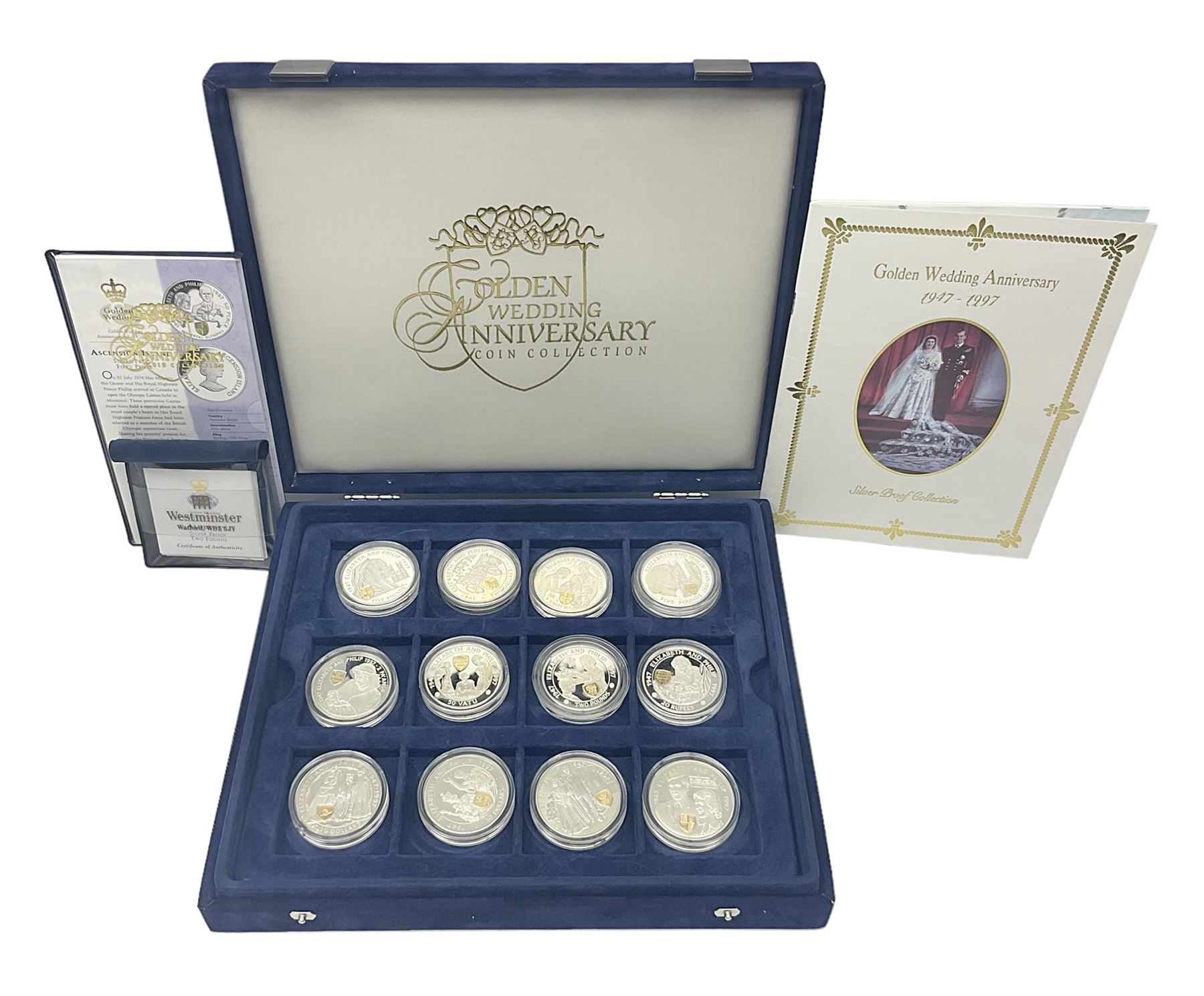 The Royal Mint Golden Wedding Anniversary silver proof coin collection, comprising twenty-four international commemorative coins, cased with certificates