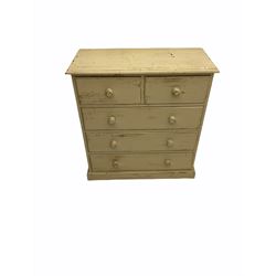 Distressed painted pine chest, fitted with two short and three long drawers