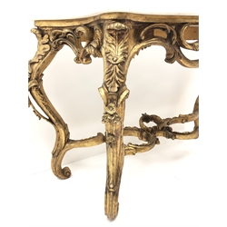  Chippendale style gilt serpentine marble top consol table,  on C scroll, acanthus and floral supports joined by stretchers, W130cm, H84cm  