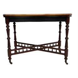 Late Victorian figured walnut and amboyna card-table, rectangular fold over top with baize lining, on turned supports joined by x framed balustrade stretchers