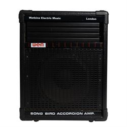 Nine Watkins WEM Song Bird Accordion amplifiers and speakers, including three Silver Songbird Full Range speakers, two Song Bird 200 amplifiers, two WEM amplifier heads and two Song Bird 200 speakers, largest H50cm 