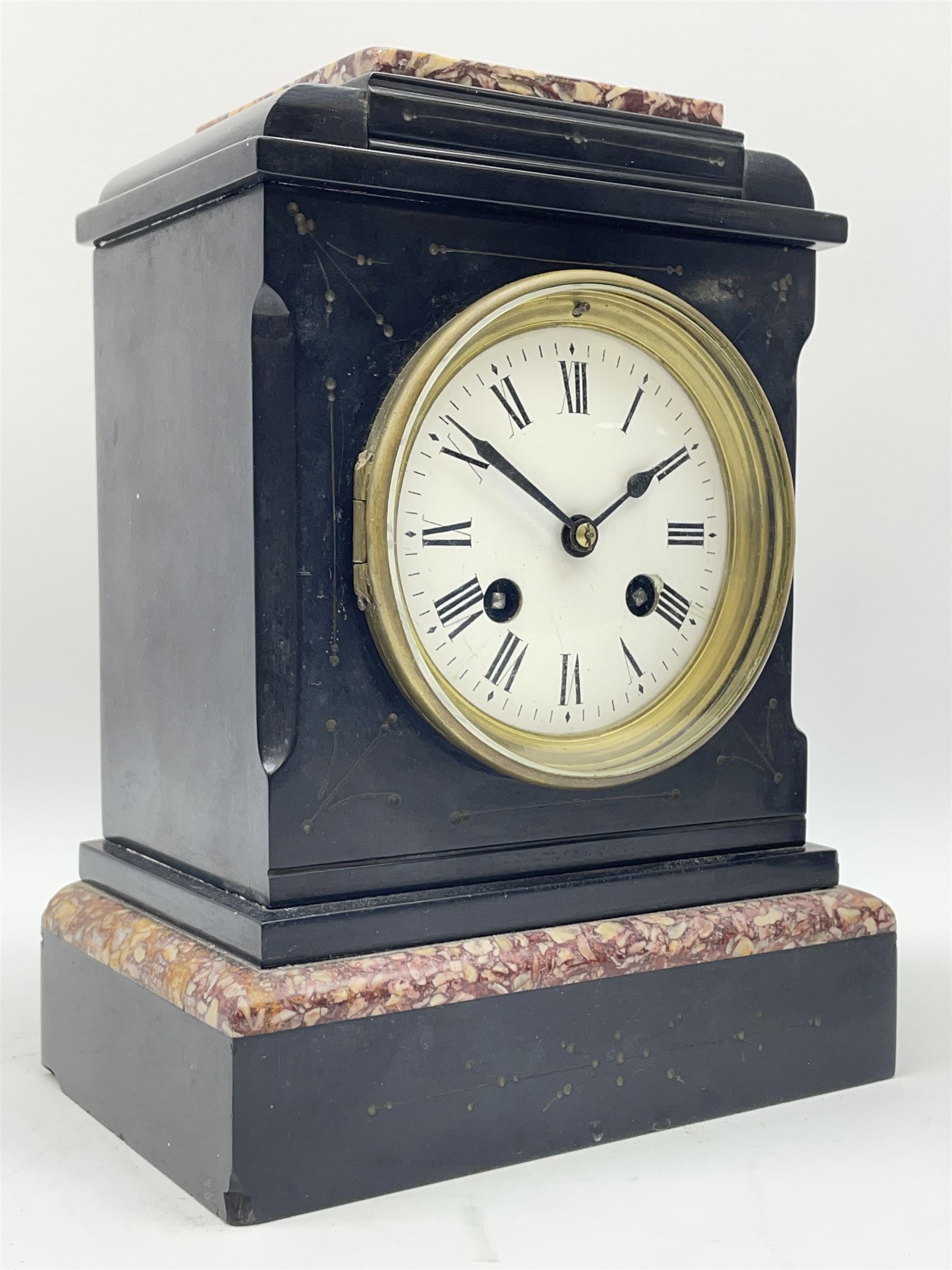 Small Victorian black slate and variegated marble mantel clock, the case with engraved decoration, circular enamel Roman dial, eight day movement by 'Japy Freres' striking the hours and half on bell