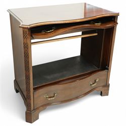 Television cabinet in the form of a Georgian mahogany serpentine chest, flanked by blind fret work decoration, retractable hinged dummy drawer panel revealing interior, with brass swan neck handles, supported on bracket feet 