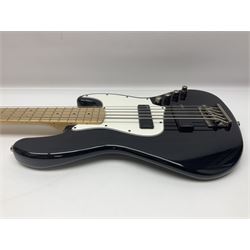 Fender Squier Active five-string Jazz bass guitar in black with white scratch plate, serial no.ICS18156005, L118cm overall; in Tough Traveler soft carrying case.