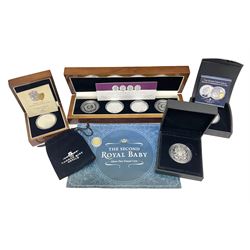 Commemorative Tristan Da Cunha coins including 2013 'The 60th Anniversary of the Coronation of Queen Elizabeth II Pure Silver Crown Set' cased with certificate,  2014 'World War I Silver Commemorative' one crown cased with certificate, 9ct gold 2012 half crown approximately 1 gram etc
