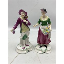 Seven Spode Chelsea figures, comprising no.1, no.2, no.3, no.4, no.6 and two further smaller examples, together with a Dresden figure of a gentleman, no. K10003, and a Delft style figure of a boy, some with boxes, tallest H23cm (9)