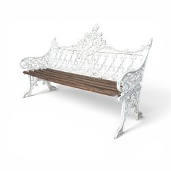 Coalbrookdale Gothic design cast iron and slatted teak garden bench, the ornate pierced ba...