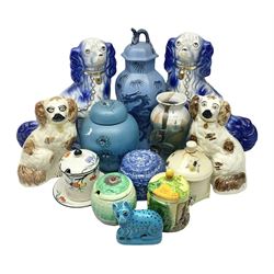 Pair of blue Staffordshire style dogs, together with a smaller brown pair, fish vase, oriental style ginger jar and four preserve jars including a Shelley example