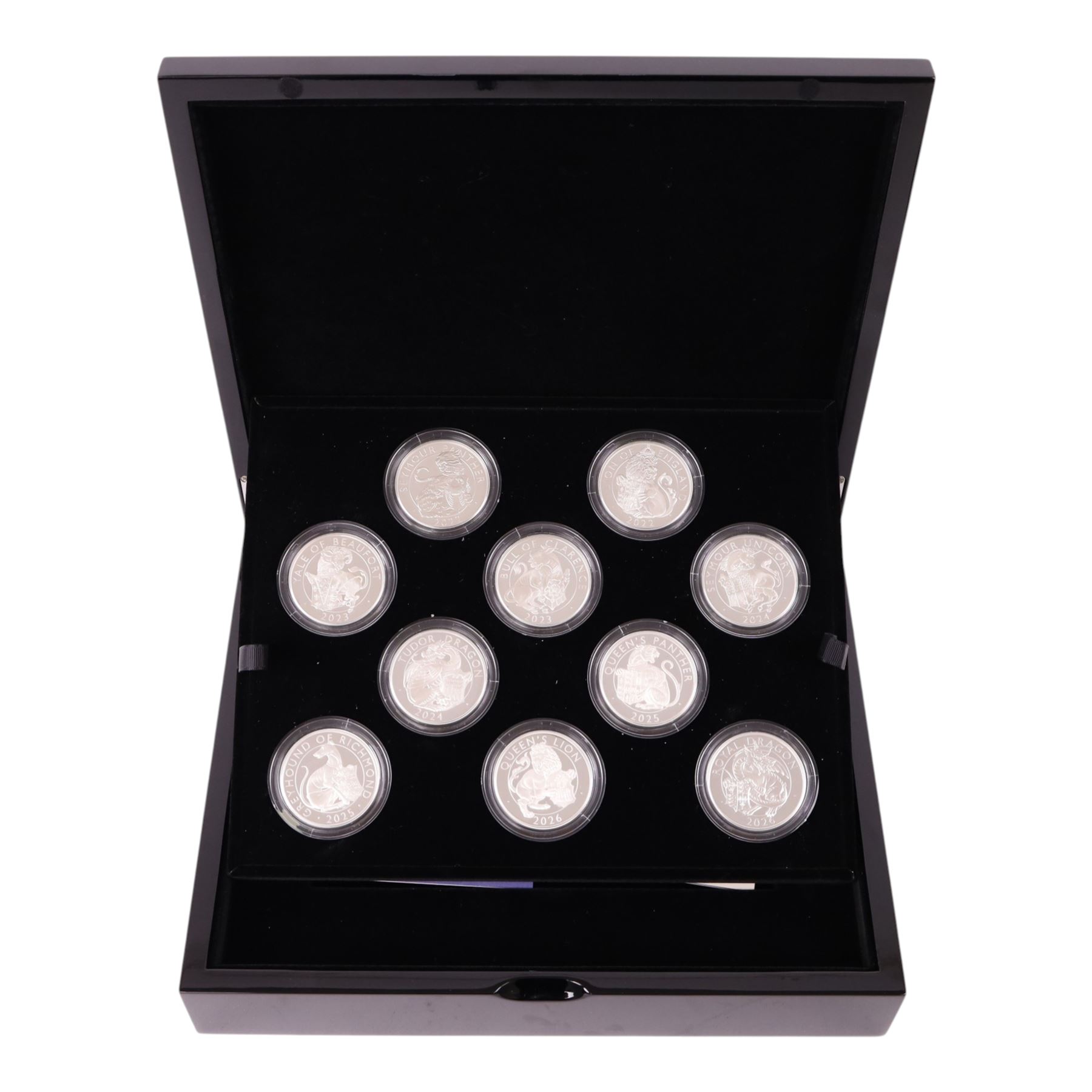 The Royal Mint United Kingdom 'The Royal Tudor Beasts' set of ten one ounce fine silver two pound coins, comprising 2022 (2), 2023 (2), 2024 (2), 2025 (2), and 2026 (2), cased with certificates