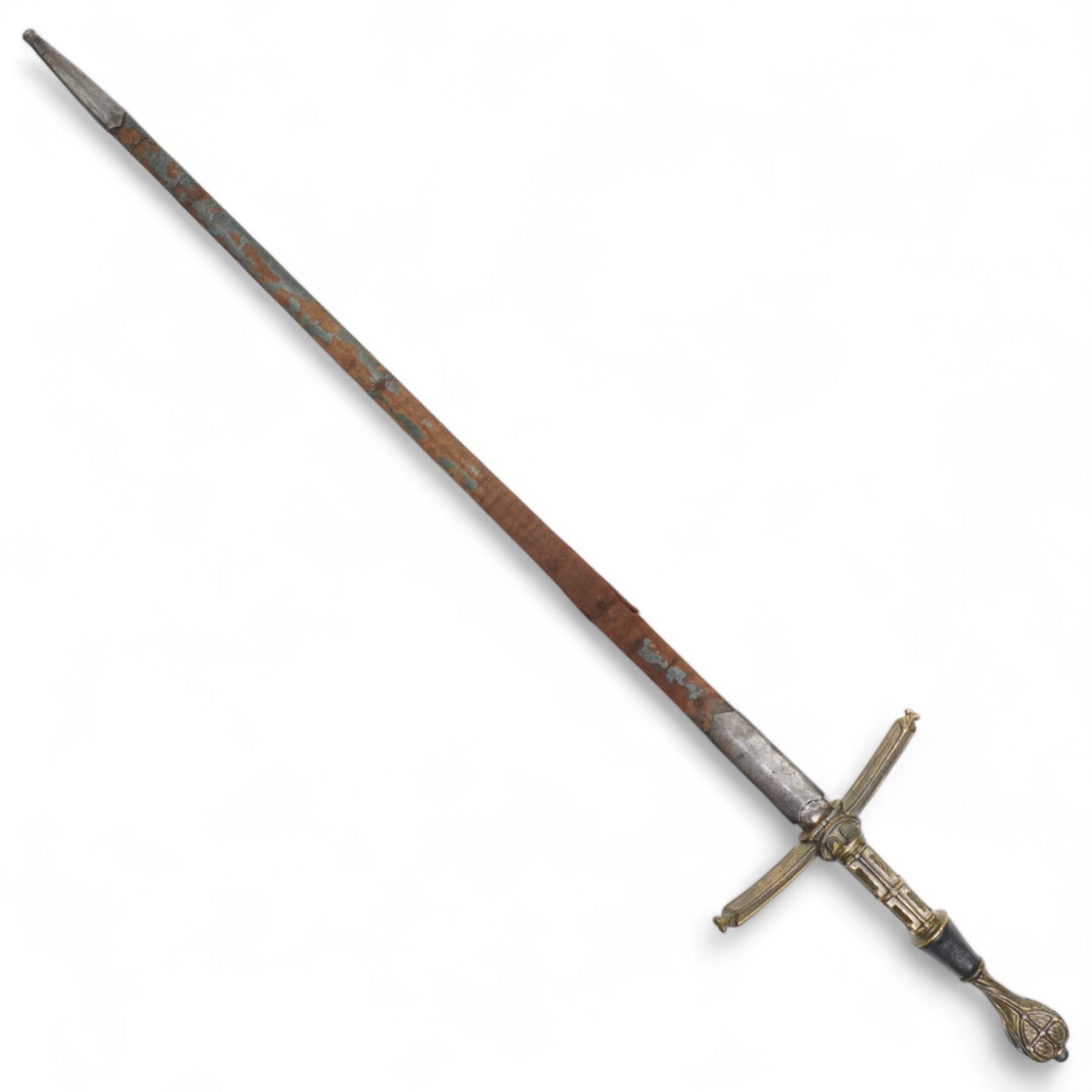 Ceremonial sword with Gothic hilt, plain blade and leather scabbard,  possibly 19th century overall length 107cm