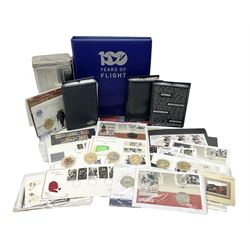 Coins and stamps, including approximately 55 GBP face value of Queen Elizabeth II mint decimal stamps, Mercury 100 years of flight and various other first day covers, commemorative crown coins, pre-decimal coinage etc