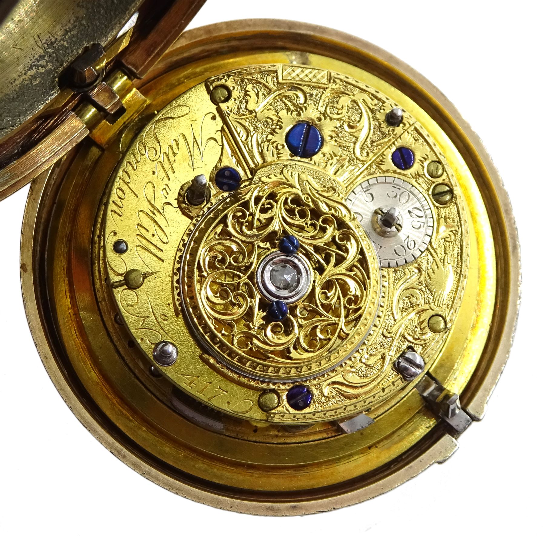 18th century gilt pair case quarter repeating cylinder fusee pocket watch by Matthew Hill (London 1744-ca.1790), No. 417, round pillars, pierced and engraved balance cock with diamond endstone, white enamel dial with Roman numerals, plunge repeat in the pendant, bull's eye glass, the outer case engraved with initials and bird with inscription 'Hazard Zit Forward'