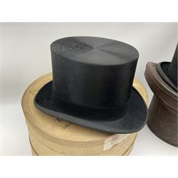 Top hat by Tress & Co London, in a  fitted leather leather case,  Top hat by Chapellerie Francaise. 