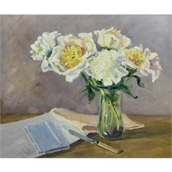 Catherine Tyler (British 1949-): 'Peonies', oil on canvas signed, titled verso 50cm x 60cm