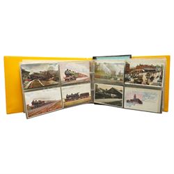 Postcard album of railway cards, another of aeroplanes and ships and an album of Stengal and other German cards