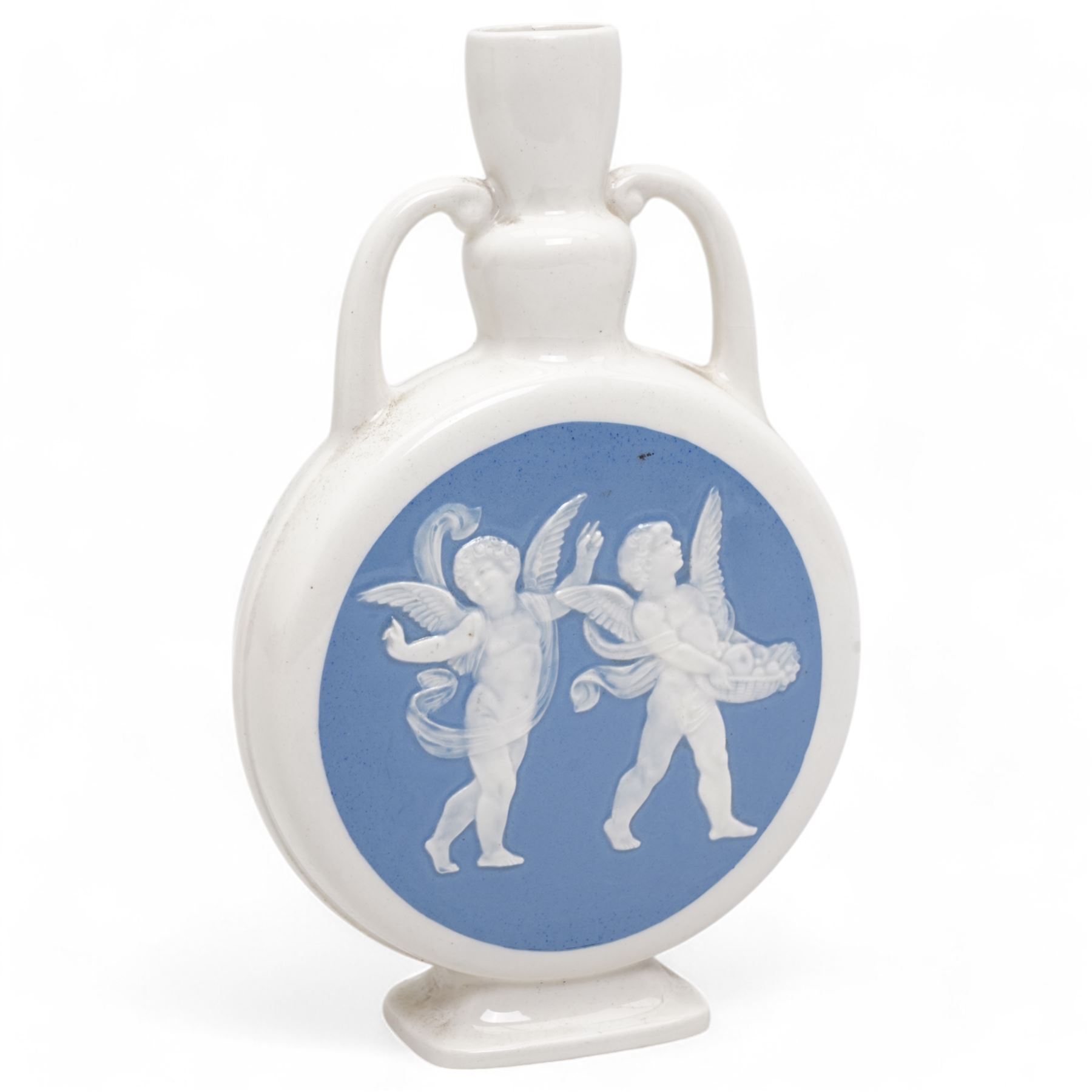 Pate sur pate two handled pilgrim flask modelled by Eric Owen with cherubs on a blue circular panel , white rose to the reverse, inscribed and dated 1956 H20cm