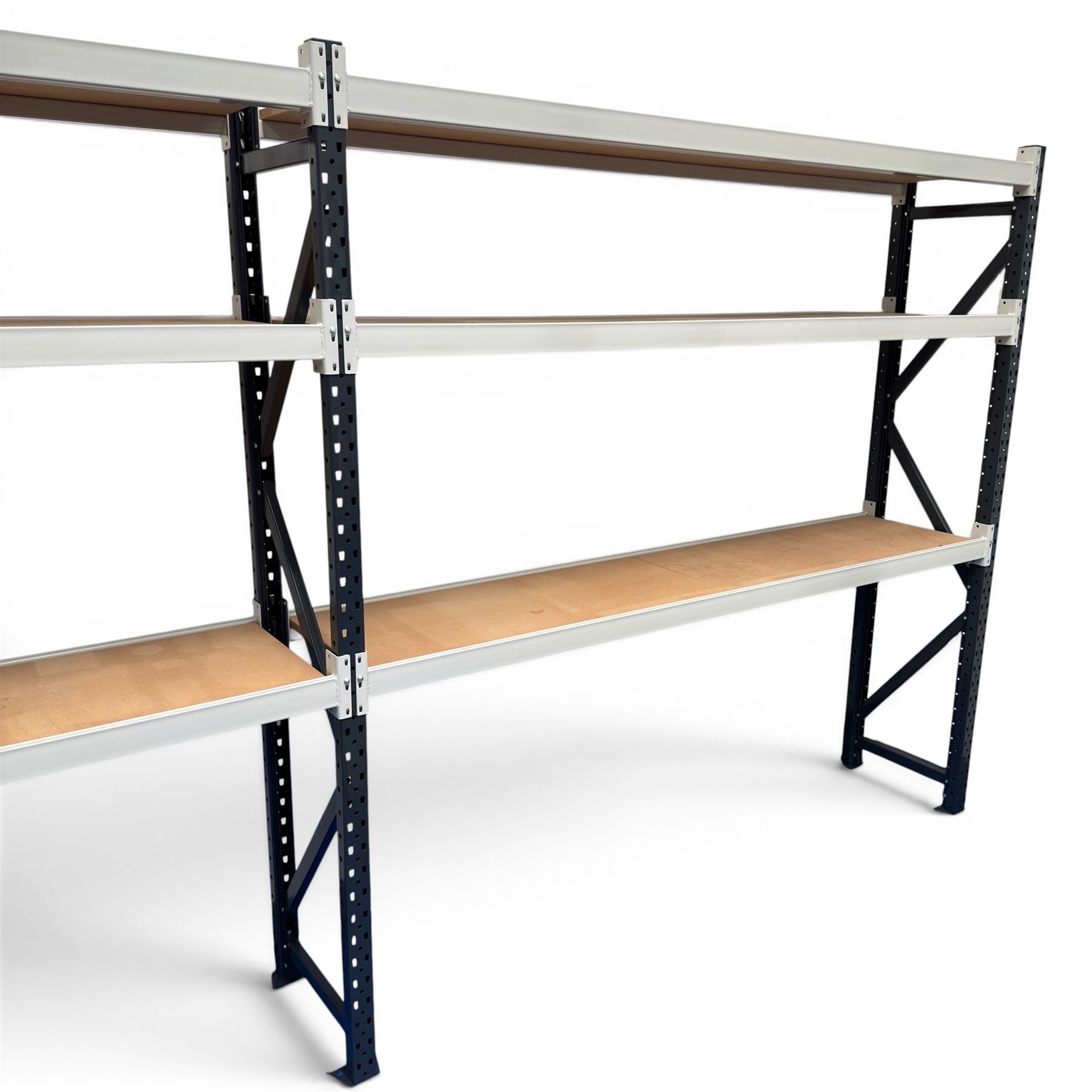 Two bays of Constructor warehouse racking with MDF boards