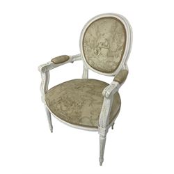 Louis XVI design painted drawing room chair, back and sprung seat upholstered in feature fabric depicting shepherd and maid, acanthus and scroll carved arm terminals, raised on fluted tapering supports, in ivory finish
