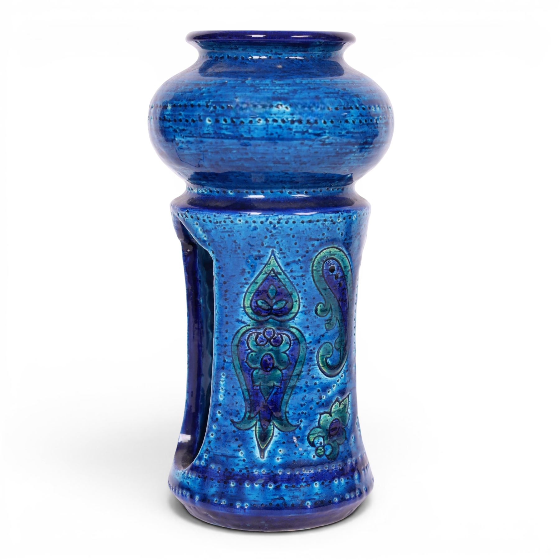 Mid-century Aldo Londi for Bitossi blue pottery, candle holder, H26cm