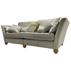 Oak Furnitureland - three-piece lounge suite upholstered in grey fabric, large three-seat sofa (W238cm, D106cm), two-seat sofa (W209cm), and snuggler sofa (W129cm)