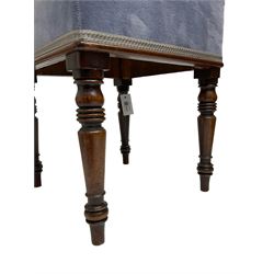 Late 19th century mahogany framed stool, square seat upholstered in floral needlework, raised on ring turned supports (W38cm H48cm); Victorian mahogany stool, square seat upholstered in garland decorated tapestry seat, raised on turned octagonal supports (W37cm H53cm); together with three similar style footstools (5)