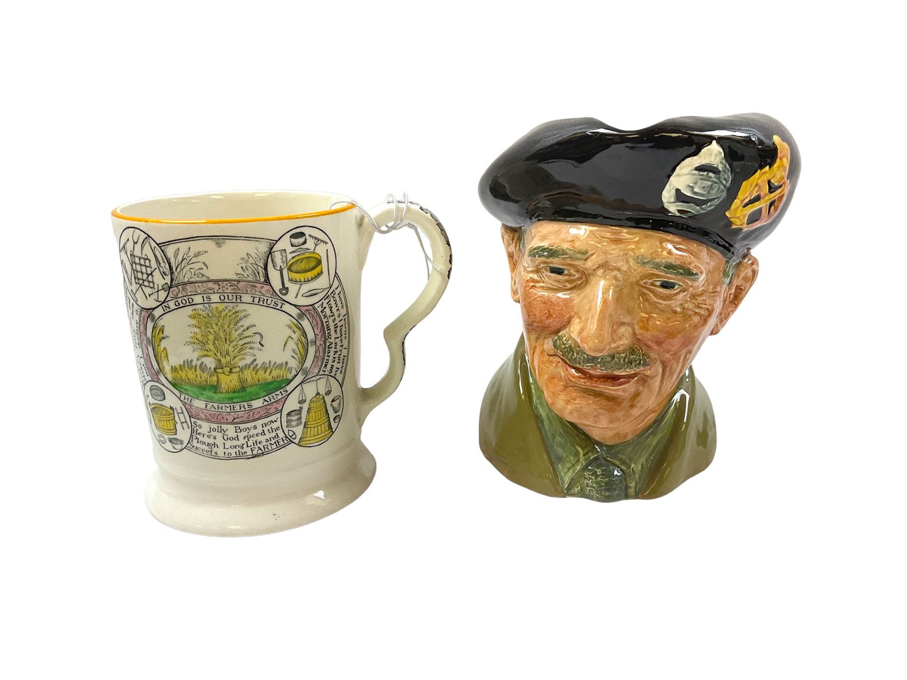Adams 'The Farmers Arms' mug, transfer printed, H12.5cm, together with a Royal Doulton character jug 'Monty', H15.5cm