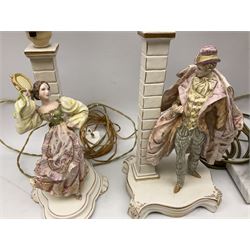 five Capodimonte style table lamps, four depicting figures and one urn form with floral decoration, tallest example H35cm