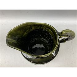 Three jardinières comprising West German Gerz example decorated in relief, Doulton Slaters example with frilled everted rim and a majolica example, and a further two Arthur Wood majolica jugs (5)