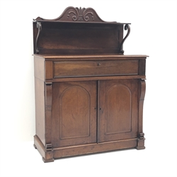  19th century mahogany chiffonier secretaire desk, raised shaped back with shelf above single fall front drawers enclosing fitted interior, two cupboard doors, platform base, W98cm, H123cm, D48cm  