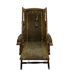 19th century oak campaign steamer or garden chair, folding staggered mechanism with brass fittings, upholstered seat, back and arms