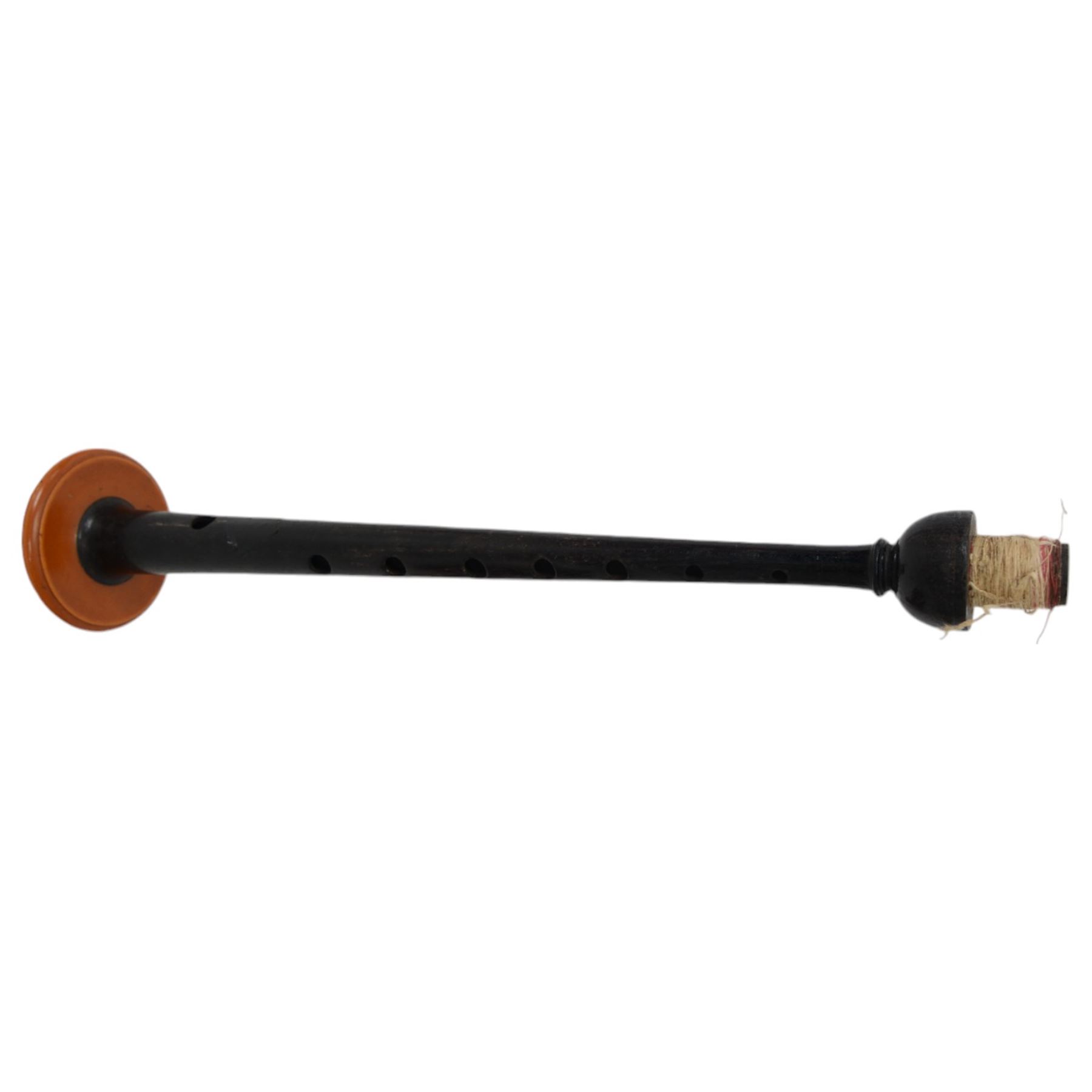 Set of mid 20th century bagpipes, with McLeod chanter, Royal Stuart cover, tassels, ribbons and spare accessories, contained within a wooden carry case, together with a Scarborough Highland Pipe Band uniform, comprising black highland dress jacket, Royal Stuart kilt, Glen Garry hat, Swinging Six sporren, Sgian Dubh knife, piper's dirk with knife and fork, etc