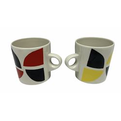 Sir Terry Frost (British 1915-2003): Two earthenware mugs, white glaze with geometric design, one yellow and black colourway, the other red and black colourway H8.3cm (2)