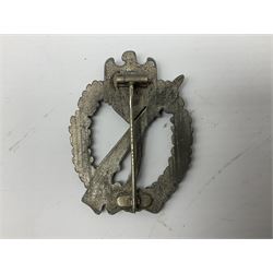 Three WW2 German badges comprising Blockade Runner War Badge and Coastal Artillery badge, both marked 'Fec Otto Placzec Berlin'; and Infantry Assault Badge; all with fixing pins (3)