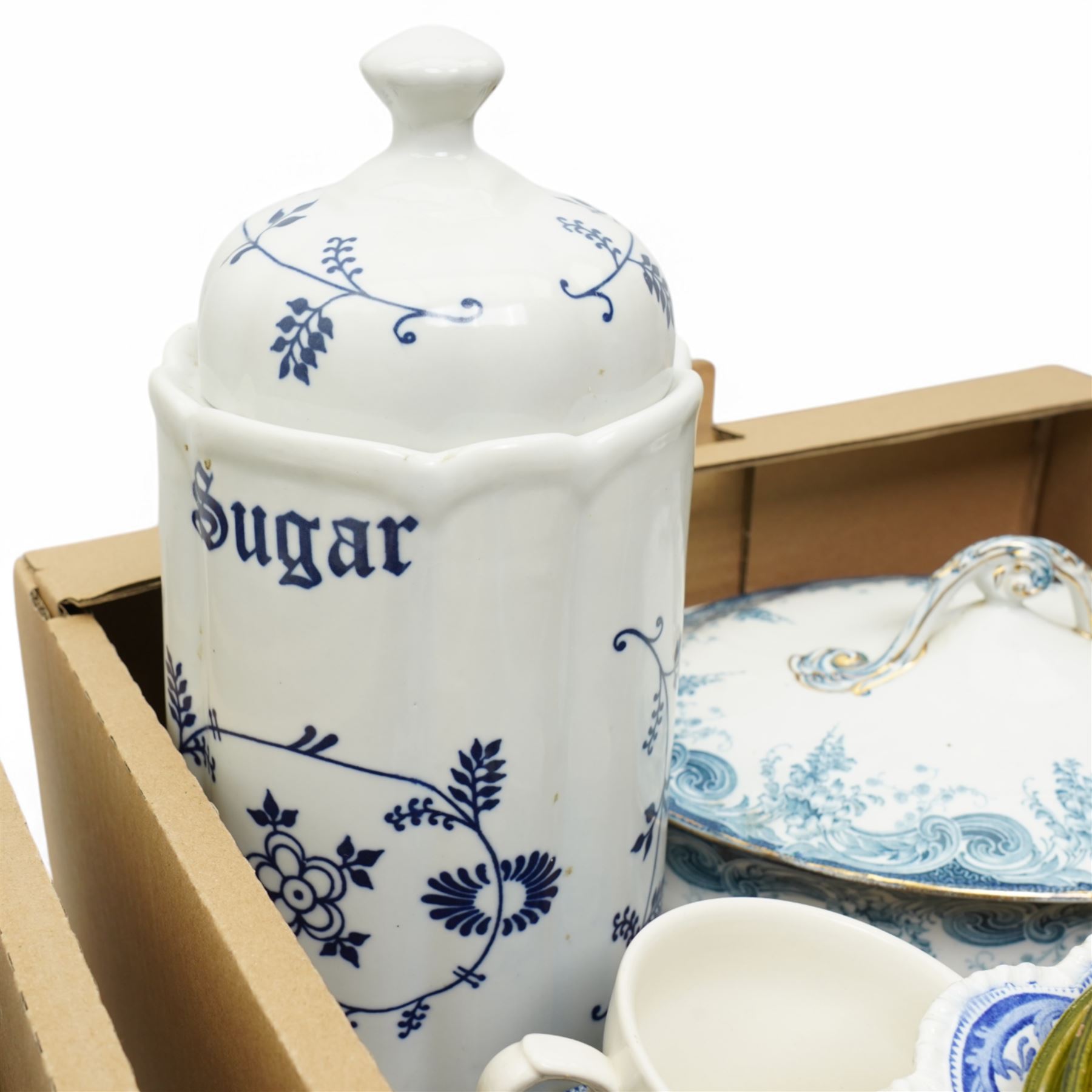 Early 19th century Rogers blue and white platter, other blue and white plates, ceramic door furniture, Palissy Game series bowls, folk art plates etc in two boxes