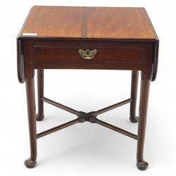 Early 20th century Georgian design mahogany drop leaf table, rectangular top with twin drop leaves above a single frieze drawer on sender tapered legs united by a cross-stretcher and terminating in pad feet  