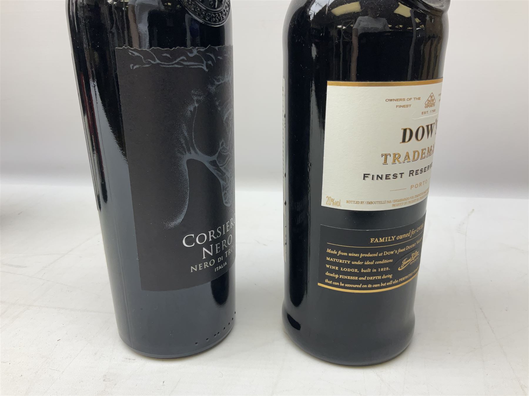 Dow's Trademark Finest Reserve Port, 75cl 20% vol, mixed red wines, two bottles Cuvee Du Vatican Cotes-du-Rhone Reserve de l'abbe 2016, 750ml 14%, Corsiero Nero Nero di Troia 750ml 13% vol and six others of various contents and proofs (9)