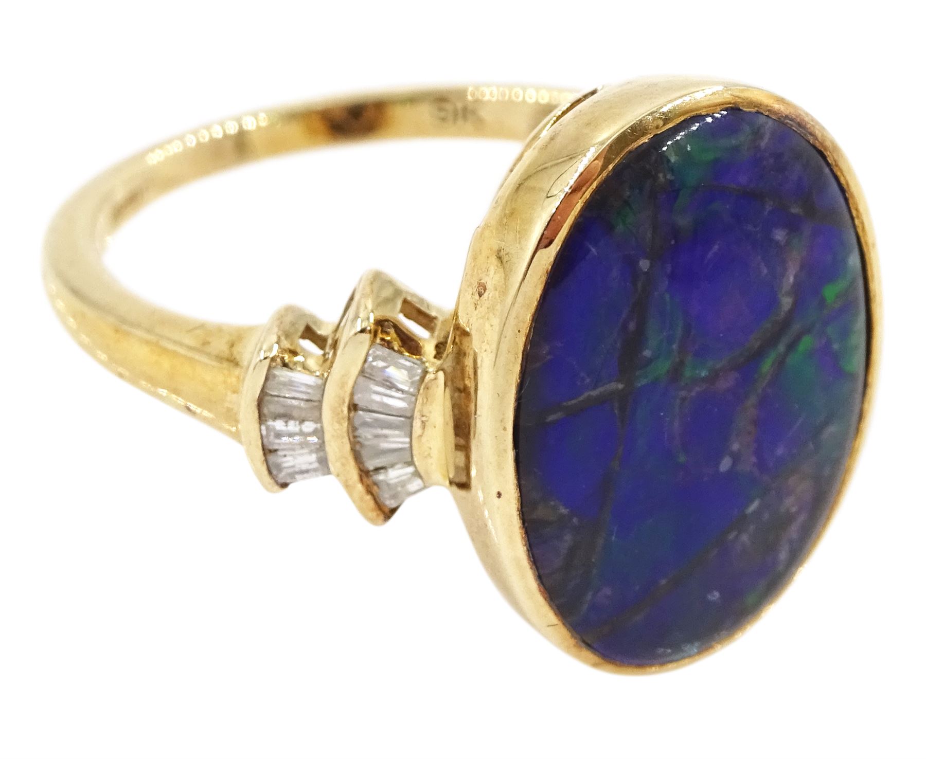 9ct gold ammolite ring, with tapered baguette cut diamond shoulders, hallmarked