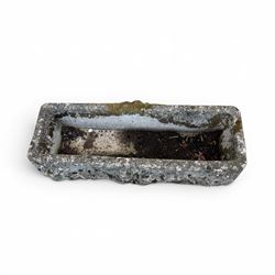 Pair of rectangular weathered cast stone planters, ornate moulded detail