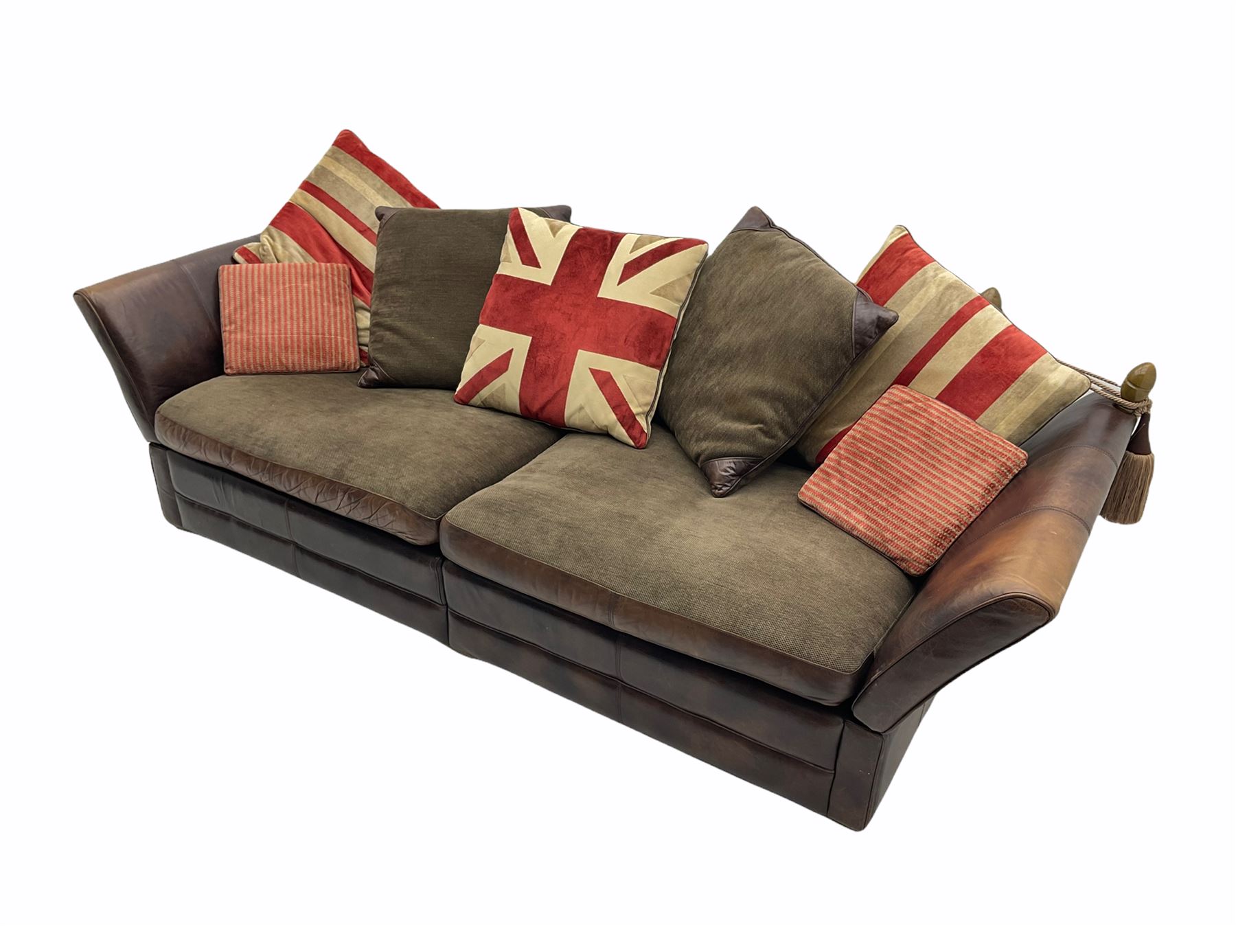 Knowle style grand drop arm sofa, upholstered in antique tan leather and fabric with contrasting scatter cushions