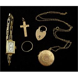 Gold locket pendant necklace, cross, heart locket, signet ring, al 9ct, hallmarked or tested and a 9ct gold wristwatch, hallmarked on expanding strap stamped 9ct & sil