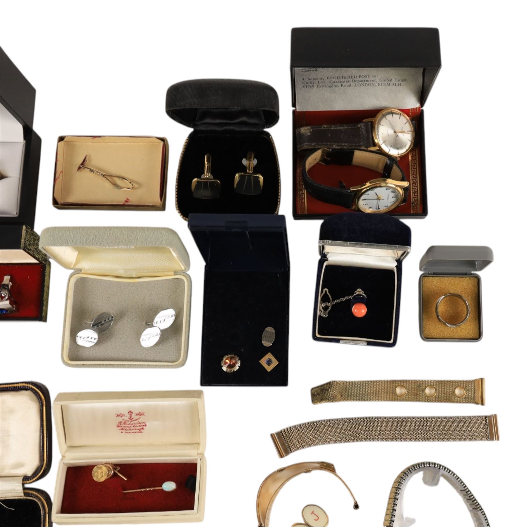 9ct gold shirt stud and opal stick pin, Sif Jakobs silver ring, silver spoon and a collection of costume jewellery cufflinks, tie clips etc